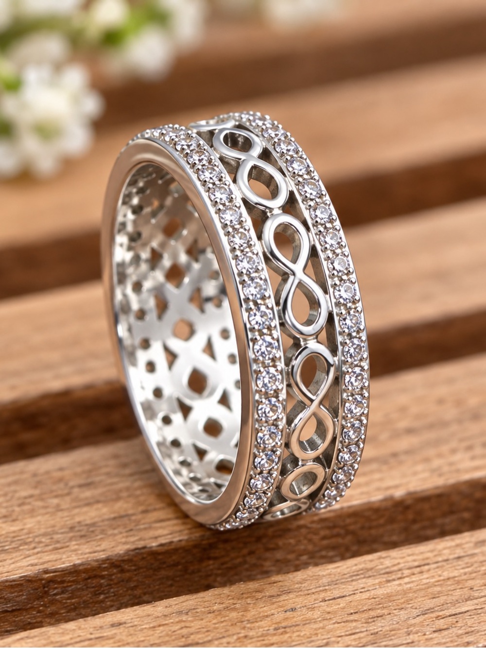 S925 Sterling Silver Wide Filigree Eternity Band Ring – Crystal Detail